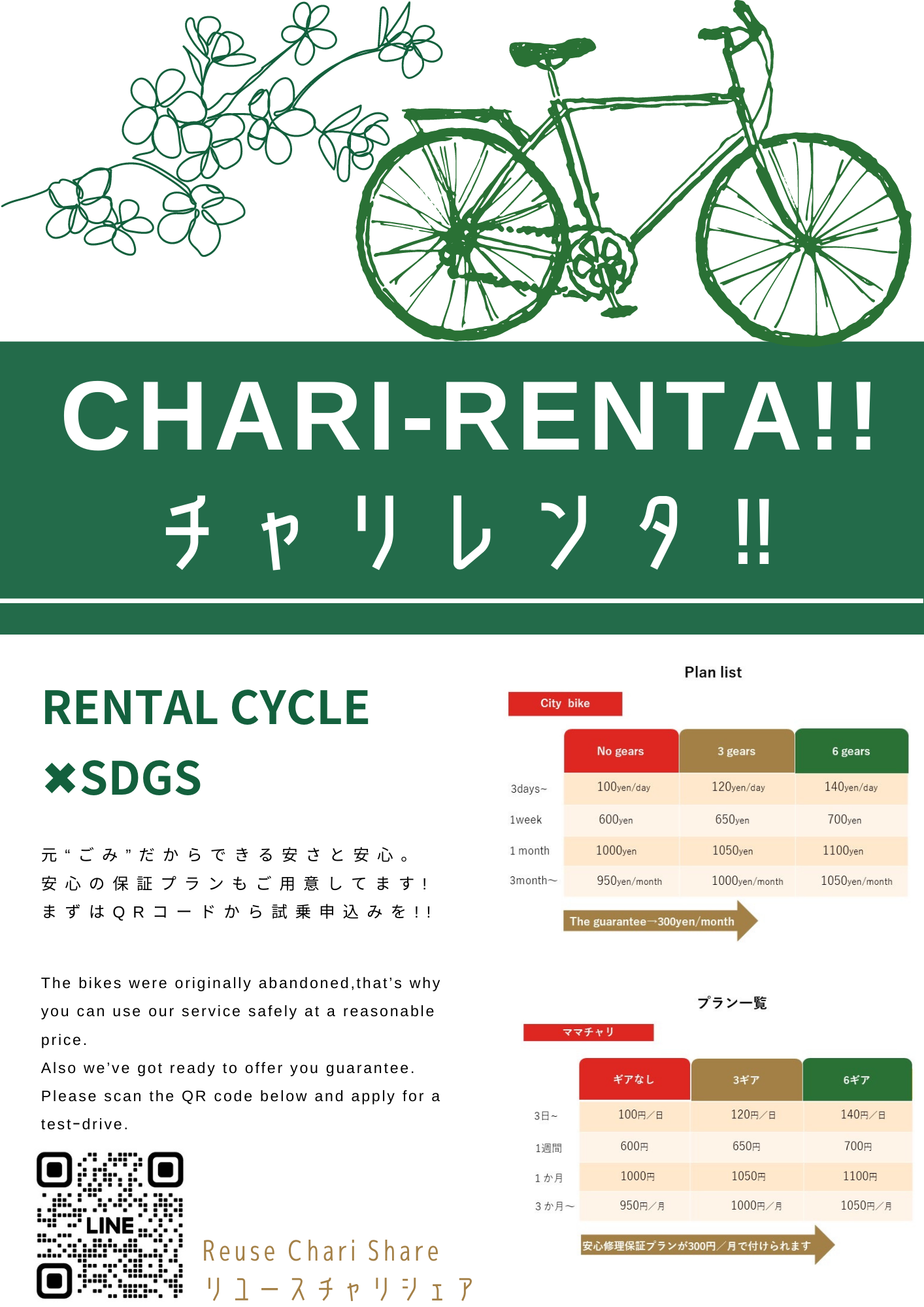 Wait a minute to buy a new bicycle!! How about renting a bike from us? 自転車買うのはちょっと待った!! レンタサイクルはいかがですか？【リユースチャリシェア Reuse Chari Share】